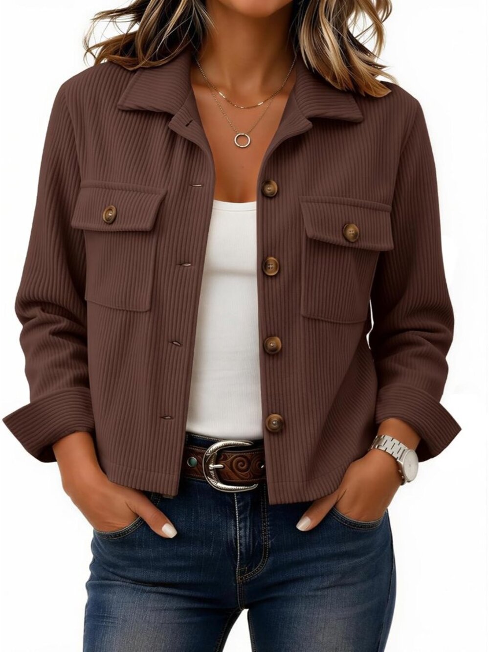 Women's Brown 100% Polyester Corduroy Button Down Flap Pockets Cropped Jacket